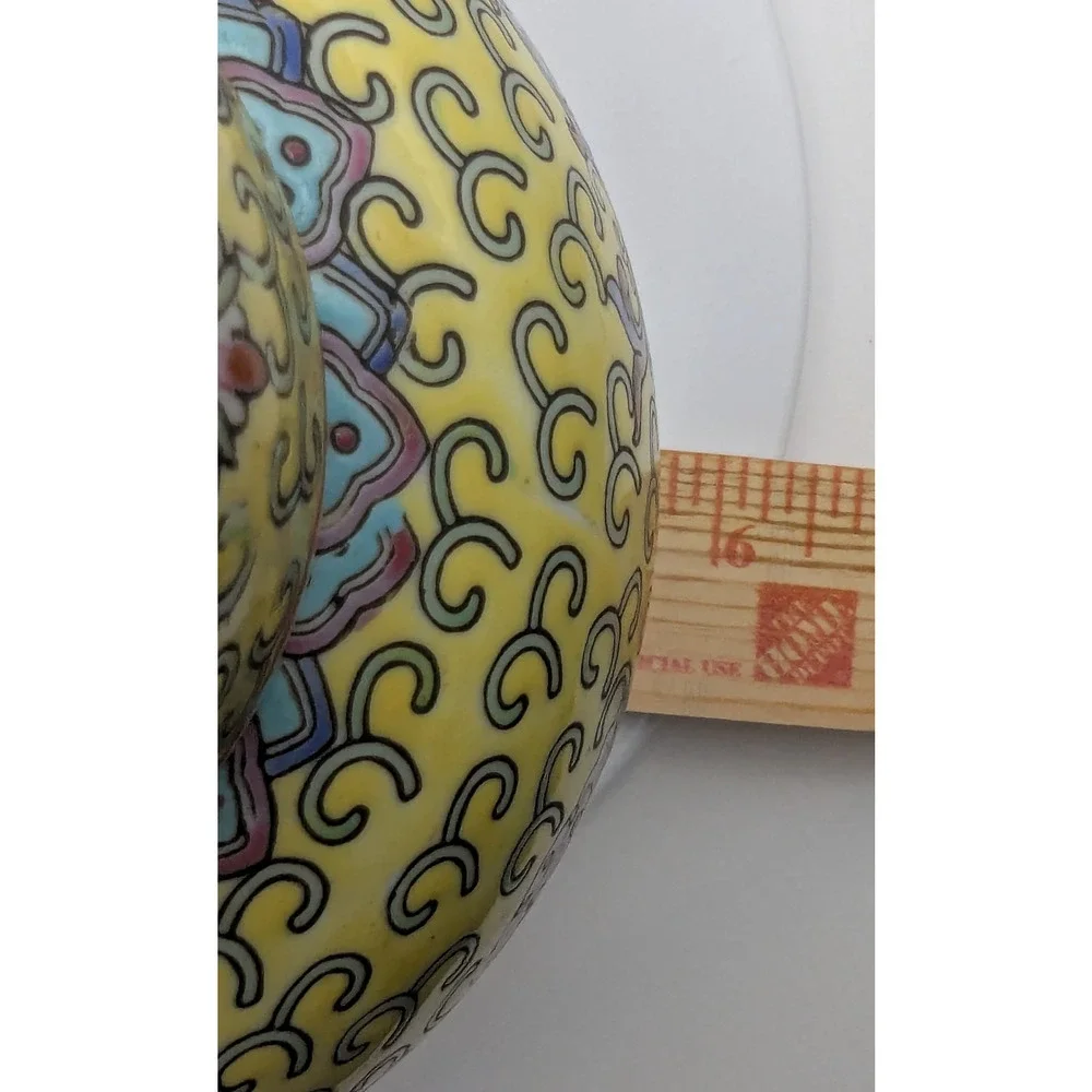 Vintage Chinese Porcelain Ginger Jar Lidded Yellow Famille Rose Longevity c1970